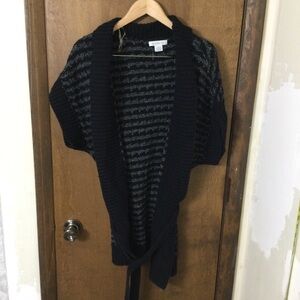 Liz Claiborne XL Black and Gray Striped Belted Open Cardigan